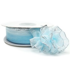 .875 Inch Lt. Blue Organza Pull Bow Ribbon With 4 Rows of Silver Stripe Accents, 7/8 Inch x 25 Yards (Lot of 1 Spool) SALE ITEM